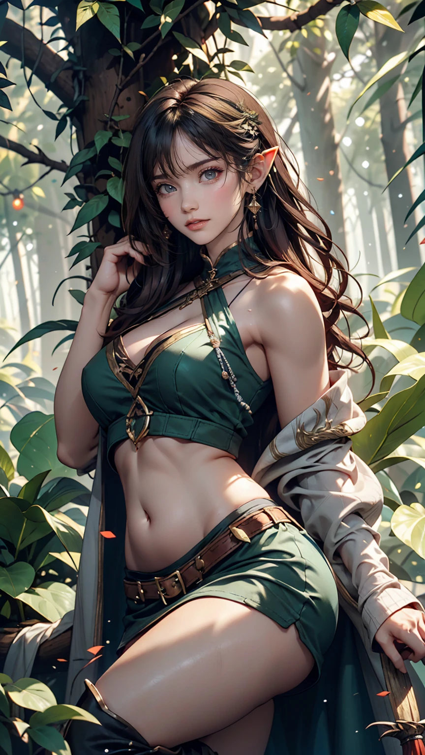 24-year-old elf woman、Wear a green one-shoulder top、Lower milk visible、I can see my belly button、Toned body、Narrow waist、Wear a miniskirt、Wear long boots、Sexy、Eyeshadow、Rouge、long hair、Silver Hair、Being in the forest、Fantasy Archer Outfit、Have a fantasy bow