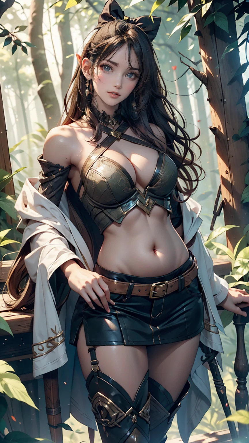 24-year-old elf woman、Wear a green one-shoulder top、Lower milk visible、I can see my belly button、Toned body、Narrow waist、Wear a miniskirt、Wear long boots、Sexy、Eyeshadow、Rouge、long hair、Silver Hair、Being in the forest、Fantasy Archer Outfit、Have a fantasy bow