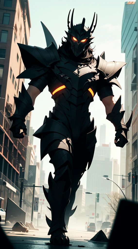 Original Kaiju armor form of a human, sharp, obsidian-like plates that overlap like armor, Elongated and somewhat reptilian head, with a pronounced crest of jagged obsidian spikes running from the forehead to the back of the neck. Four glowing, amber eyes are set deep in the skulls, arms with massive claws and blades, feet have three large, taloned toes, A long, whip-like tail ending in a mace-like cluster of obsidian spike, orange lines and aura in between armor. HD. city background destroyed