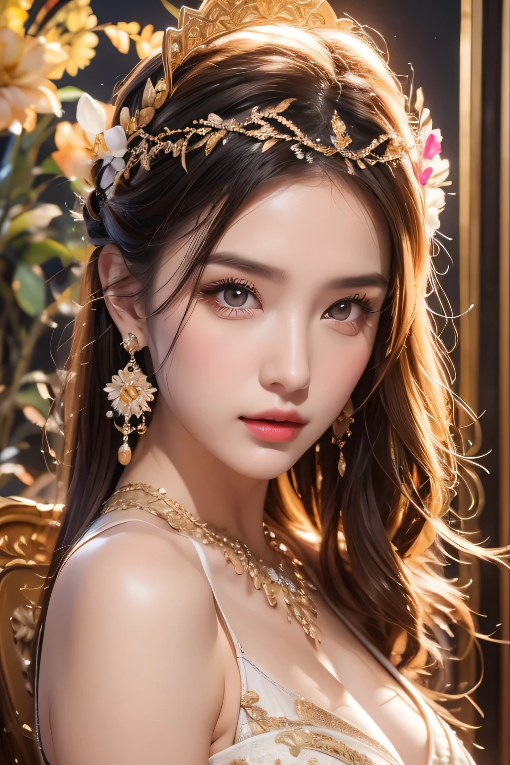 High-quality work，Realistic works，Super premium graphics，8K HD CG works，high quality graphics，High-definition and exquisite CG works，10x pixels，Ultra-fine details：1.1，Advanced technical details：1.1Realistic photo effects，Interior lighting effects：1.5，natural soft light：1.5. Light effect（Virtual light effects：1.8），ultra high resolution，shining dress，sliver long hair，silber hair，transparenthair，high detailed hair（Quality hair details：1.1）Clear eyes，Double eyelids look good，Sharp eye makeup, Create exquisite eyelash makeup, tthin eyebrows, Ultra-detailed eyes，a tall nose, lovely red lips, rosey cheeks, With delicate makeup on her face , pretty face, The face shape is perfectly proportioned,（Advanced facial details：1.1）(masterpiece、highest quality、highest quality、Official Art、Beautiful and aesthetic:1.2)、(One girl:1.3)、Very detailed、(fractal art:1.1)、(colorful:1.1)(flower:1.3)、Most detailed、(Zentangle:1.2)、(Dynamic pose)、(Abstract Background:1.3)、(China dress:1.2)、(Shiny skin)、(Many colors:1.4)、、(Earrings:1.4)、，Women's artwork，Dress full body video，Realism，Amazing Cleavage，My eyes are very bright today
