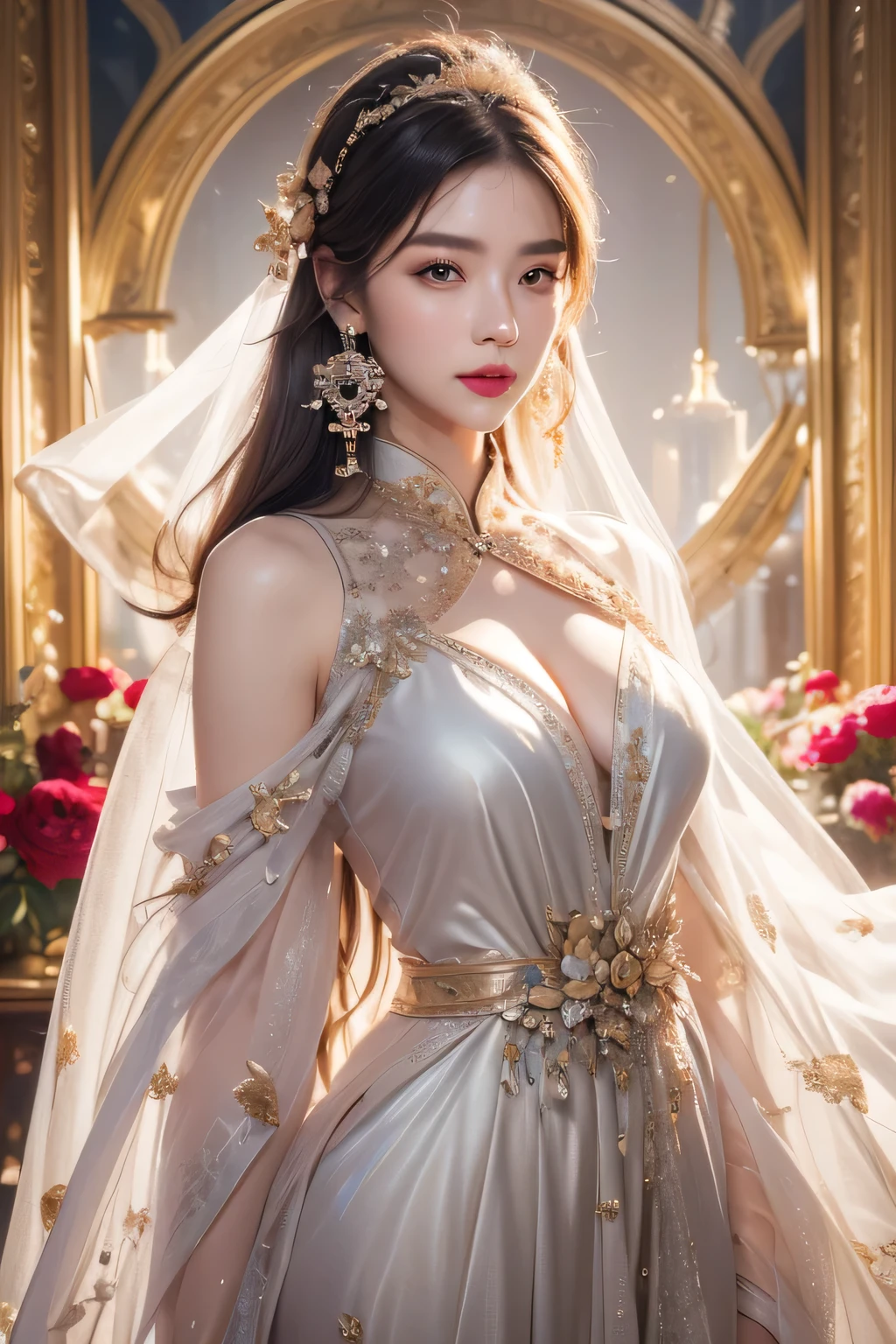 High-quality work,Realistic works,Super premium graphics,8K HD CG works,high quality graphics,High-definition and exquisite CG works,10x pixels,Ultra-fine details:1.1,Advanced technical details:1.1Realistic photo effects,Interior lighting effects:1.5,natural soft light:1.5. Light effect(Virtual light effects:1.8),ultra high resolution,shining dress,sliver long hair,silber hair,transparenthair,high detailed hair(Quality hair details:1.1)Clear eyes,Double eyelids look good,Sharp eye makeup, Create exquisite eyelash makeup, tthin eyebrows, Ultra-detailed eyes,a tall nose, lovely red lips, rosey cheeks, With delicate makeup on her face , pretty face, The face shape is perfectly proportioned,(Advanced facial details:1.1)(masterpiece、highest quality、highest quality、Official Art、Beautiful and aesthetic:1.2)、(One girl:1.3)、Very detailed、(fractal art:1.1)、(colorful:1.1)(flower:1.3)、Most detailed、(Zentangle:1.2)、(Dynamic pose)、(Abstract Background:1.3)、(China dress:1.2)、(Shiny skin)、(Many colors:1.4)、、(Earrings:1.4)、,Women's artwork,Dress full body video,Realism,Amazing Cleavage,My eyes are very bright today