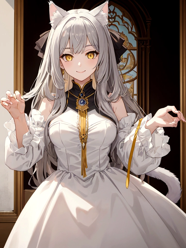 ((masterpiece)), ((best quality)), (close-up:1), (half-body shot:1.36), perfect ???????, 1girl, solo, cat girl, gay hair, yellow eyes, gray cat ears, gray fluffy cat tail, basic medieval white dress, smiling, lighting from front, looking at viewers