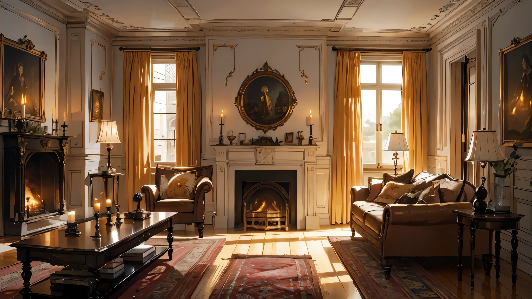 Interior, victorian Manor with reliquies, (((Nigth))), (((moonligth enters the living room))) soft pale orange palette, soft secundary exterior ligth
