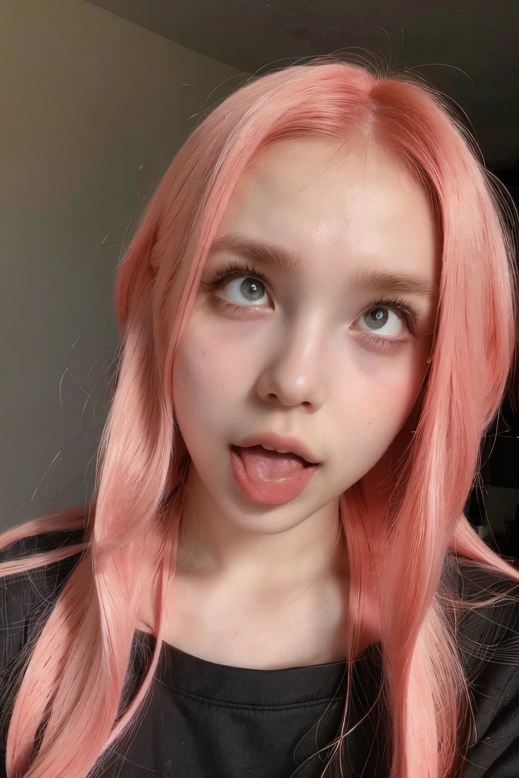 Female humanoid pink hair, big black eyes completely, approximately
