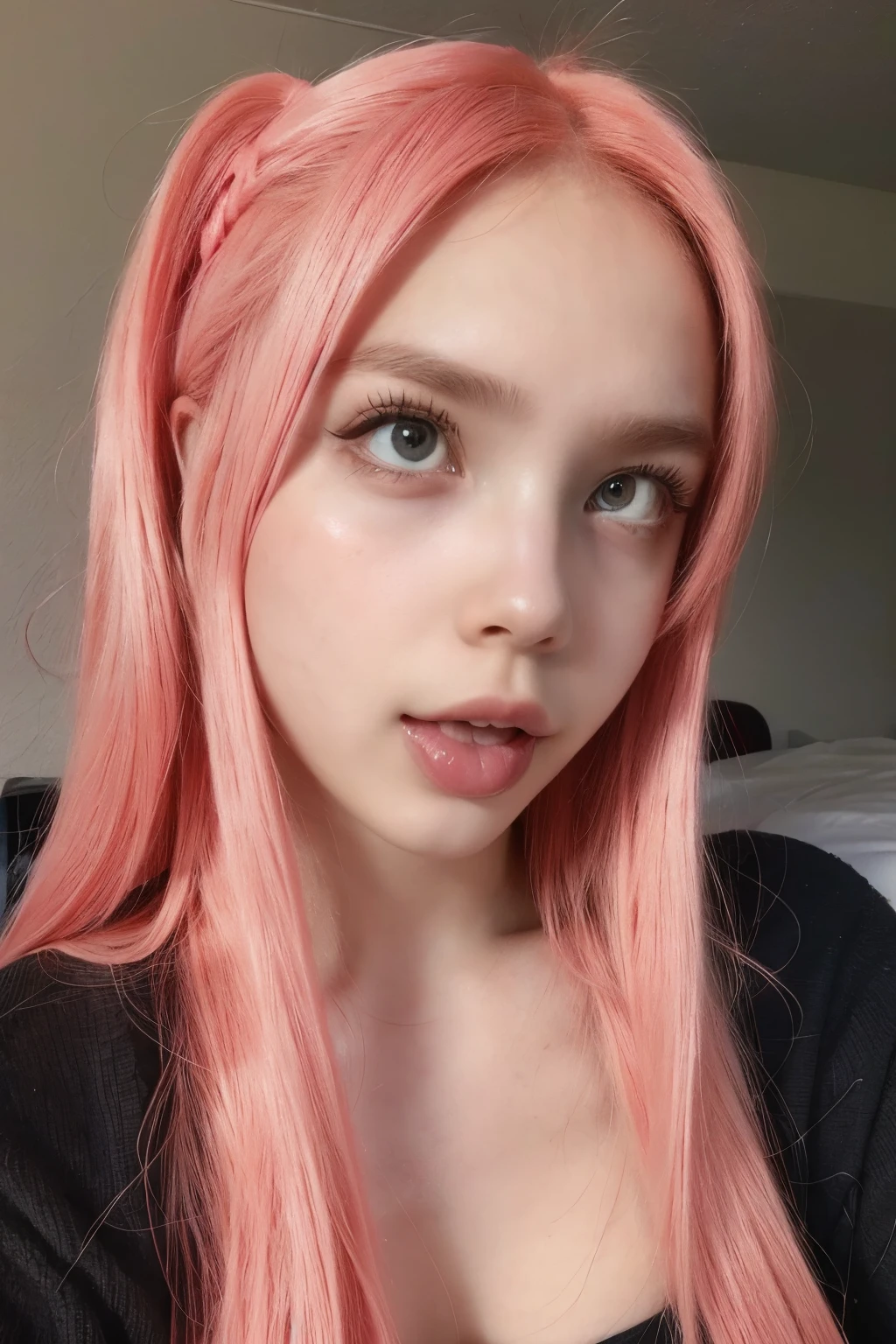 Female humanoid pink hair, big black eyes completely, approximately