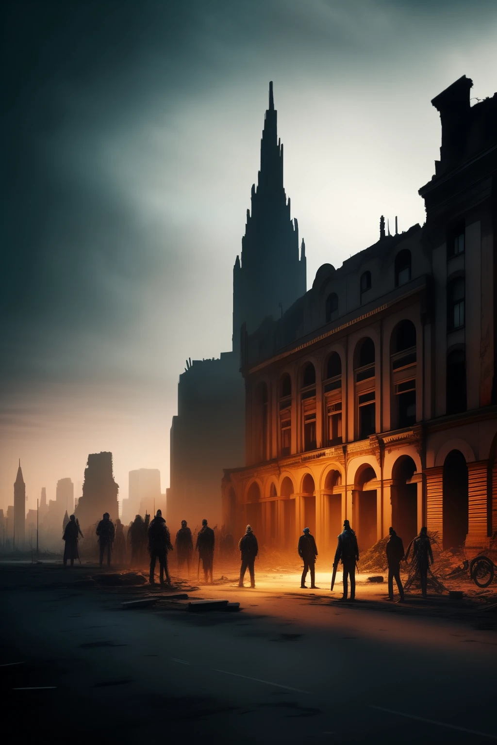 Amidst the ominous silence of an abandoned city at twilight, a chilling scene unfolds. A multitude of realistic zombies, adorned with big eyes that gleam with an eerie light, stand in a synchronized, relaxed full DAB pose, their smiles hinting at a grotesque form of camaraderie. The desolate streets are flanked by decaying buildings, their once grand structures now crumbling and forlorn.

In the background, the crisp 8k imagery captures the city's dark and eerie beauty, with every broken window and peeling wall echoing the passage of time. A spooky atmosphere pervades, amplified