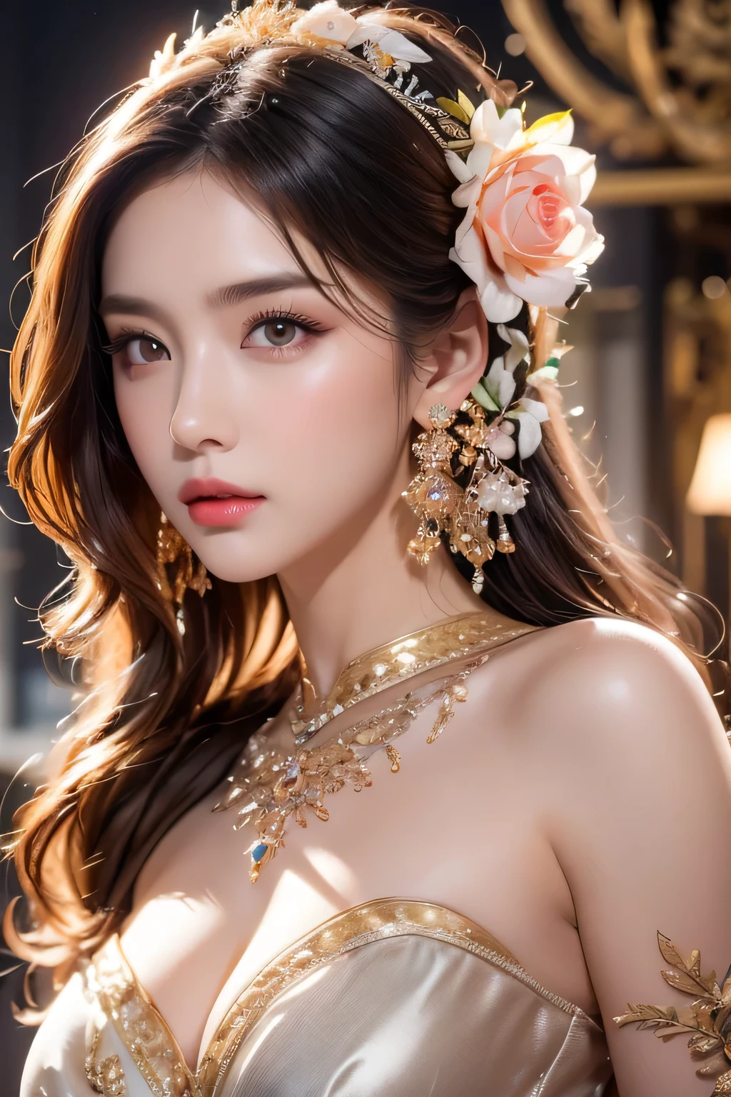 High-quality work,Realistic works,Super premium graphics,8K HD CG works,high quality graphics,High-definition and exquisite CG works,10x pixels,Ultra-fine details:1.1,Advanced technical details:1.1Realistic photo effects,Interior lighting effects:1.5,natural soft light:1.5. Light effect(Virtual light effects:1.8),ultra high resolution,shining dress,sliver long hair,silber hair,transparenthair,high detailed hair(Quality hair details:1.1)Clear eyes,Double eyelids look good,Sharp eye makeup, Create exquisite eyelash makeup, tthin eyebrows, Ultra-detailed eyes,a tall nose, lovely red lips, rosey cheeks, With delicate makeup on her face , pretty face, The face shape is perfectly proportioned,(Advanced facial details:1.1)(masterpiece、highest quality、highest quality、Official Art、Beautiful and aesthetic:1.2)、(One girl:1.3)、Very detailed、(fractal art:1.1)、(colorful:1.1)(flower:1.3)、Most detailed、(Zentangle:1.2)、(Dynamic pose)、(Abstract Background:1.3)、(China dress:1.2)、(Shiny skin)、(Many colors:1.4)、、(Earrings:1.4)、,Women's artwork,Dress full body video,Realism,Amazing Cleavage,My eyes are very bright today