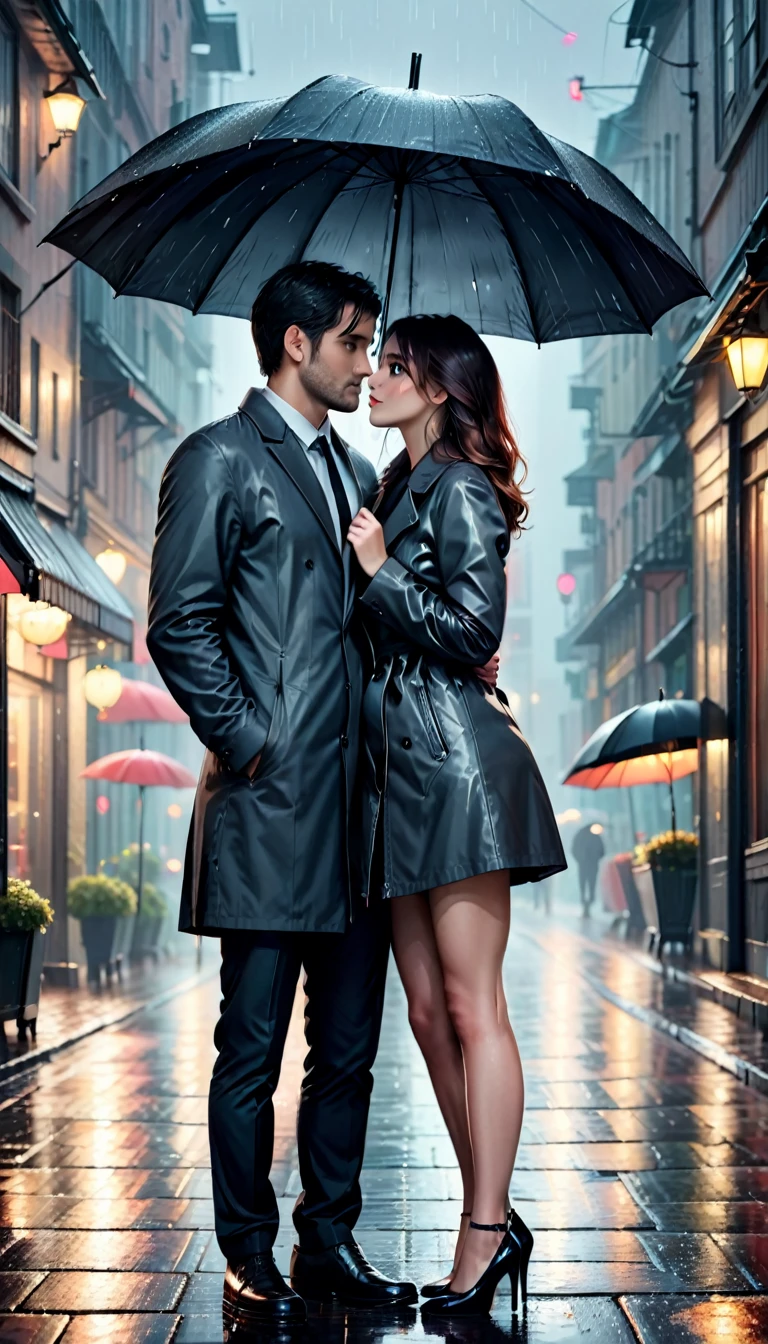 a couple gazing into each other's eyes under a grey-black umbrella on a rainy evening, beautiful  detailed eyes and face, intimate romantic full body shot, moody atmospheric lighting, cinematic, dramatic, vibrant colors, high contrast, 8k, best quality, masterpiece