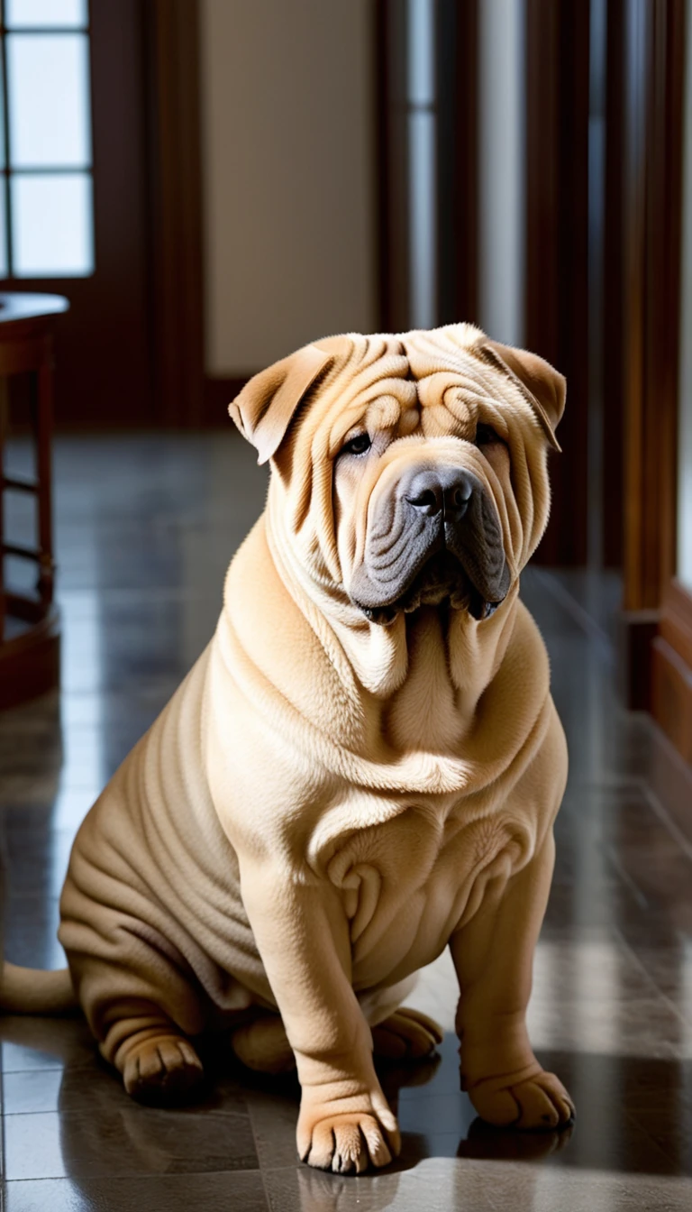 There is no one, realistic photo, photo realism, realism, Shar Pei (Shar Pei), perfect composition, intricate details, Very sharp, masterpiece, profile, high resolution, looking at the viewer, Full body photo in a comfortable atmosphere indoors