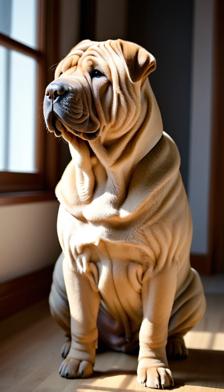 There is no one, realistic photo, photo realism, realism, Shar Pei (Shar Pei), perfect composition, intricate details, Very sharp, masterpiece, profile, high resolution, looking at the viewer, Full body photo in a comfortable atmosphere indoors