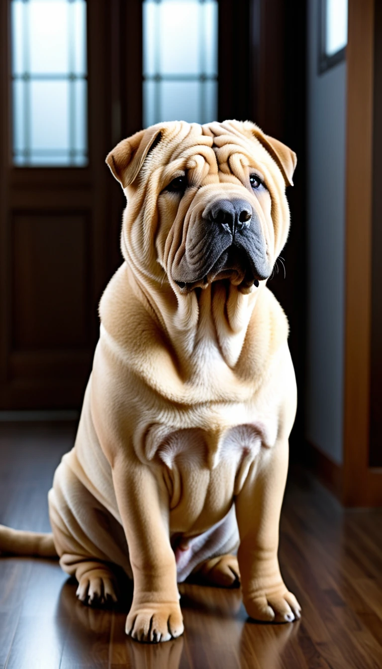 There is no one, realistic photo, photo realism, realism, Shar Pei (Shar Pei), perfect composition, intricate details, Very sharp, masterpiece, profile, high resolution, looking at the viewer, Full body photo in a comfortable atmosphere indoors