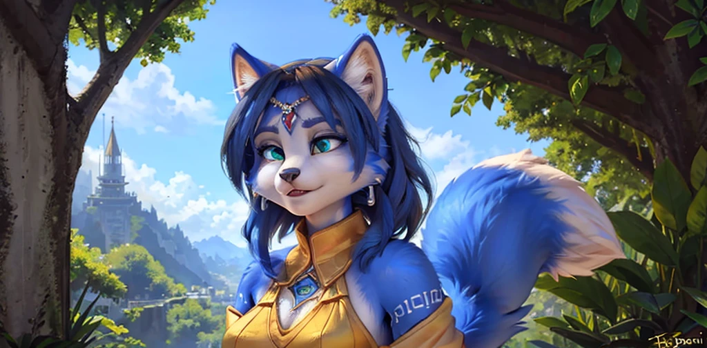 A beautiful and detailed ( picture) of ((Krystal)), Star Fox Krystal, lovable, green eyes, medium breasts, (((Long blue hair 1.3))),  ((black hair tips)), look up,anthro, furry, Uploaded E621, detailed fluffy fur, (wa Fluff-Kevlar, Bayard Wu, Personalami, Pino Daeni), detailed face, (fluffy), 1 girl, alone,  Tribal clothing, sweet girl, 
