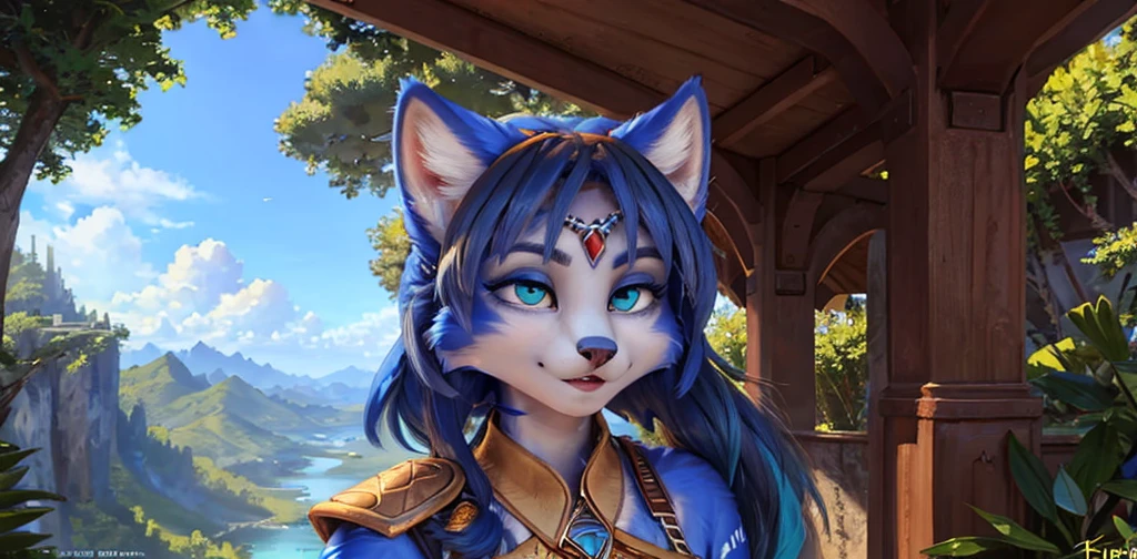 A beautiful and detailed ( picture) of ((Krystal)), Star Fox Krystal, lovable, green eyes, medium breasts, (((Long blue hair 1.3))),  ((black hair tips)), look up,anthro, furry, Uploaded E621, detailed fluffy fur, (wa Fluff-Kevlar, Bayard Wu, Personalami, Pino Daeni), detailed face, (fluffy), 1 girl, alone,  Tribal clothing, sweet girl, 
