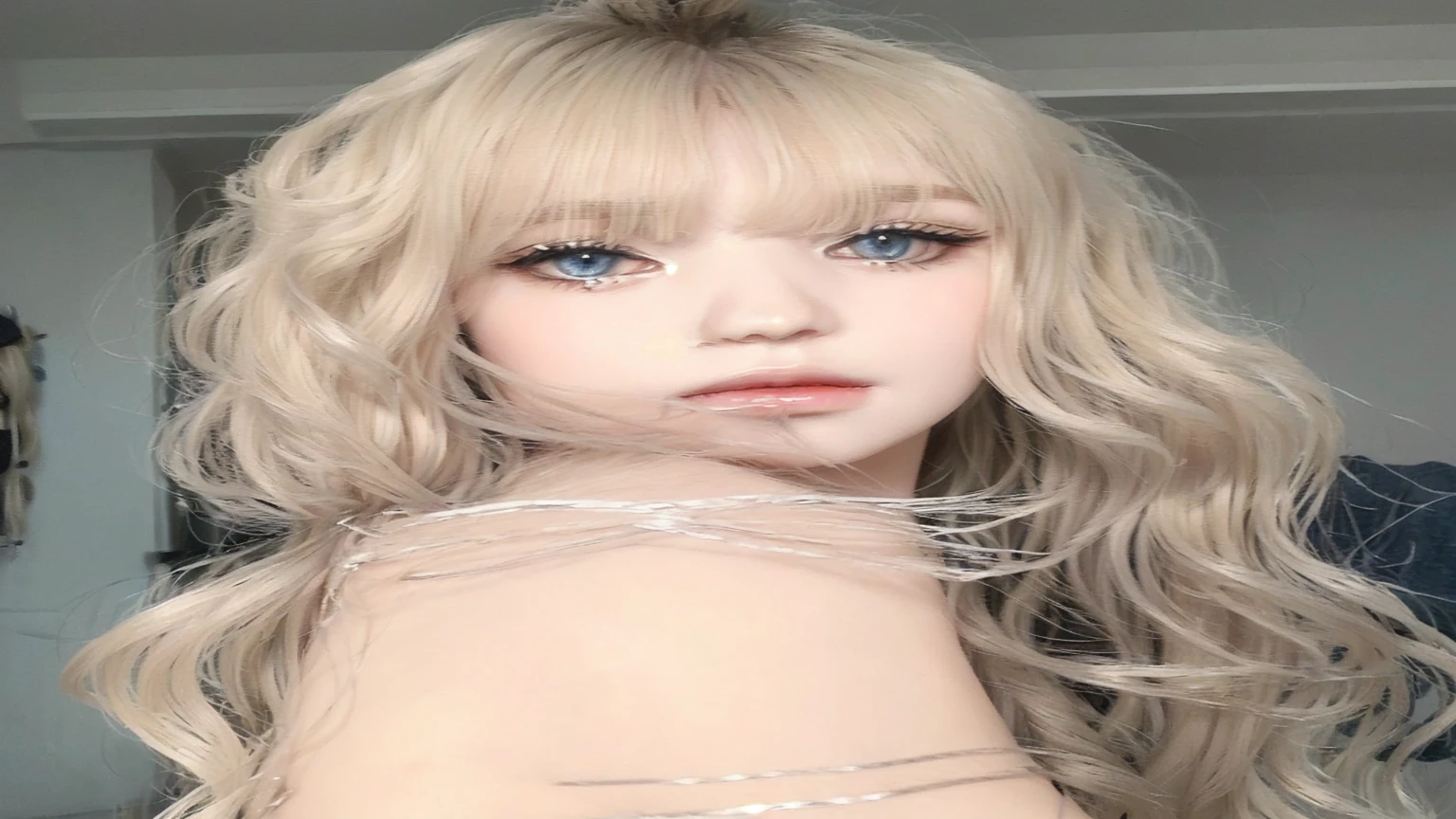 blond doll with blue eyes and long hair with a silver bracelet, long blonde hair and big eyes, long blonde hair and large eyes, blonde hair and large eyes, ulzzang, white hime cut hairstyle, ash blond greyish hair, ball jointed doll, long white hair and bangs, pale skin curly blond hair, sakimichan
