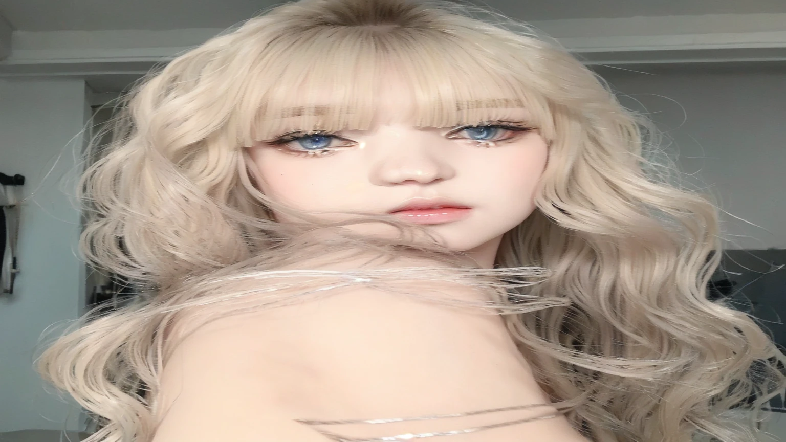 blond doll with blue eyes and long hair with a silver bracelet, long blonde hair and big eyes, long blonde hair and large eyes, blonde hair and large eyes, ulzzang, white hime cut hairstyle, ash blond greyish hair, ball jointed doll, long white hair and bangs, pale skin curly blond hair, sakimichan