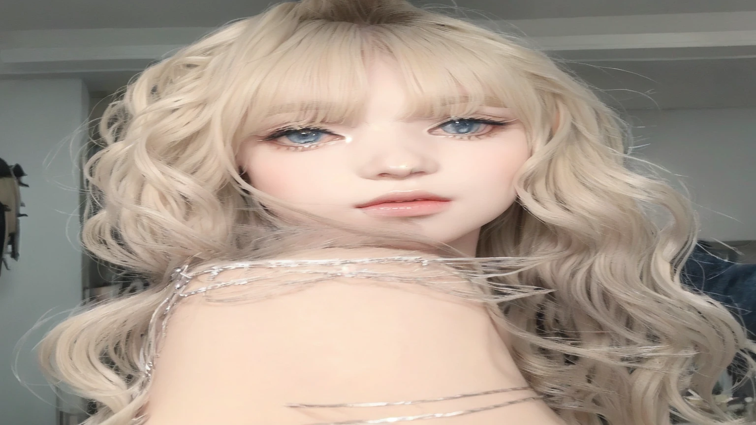 blond doll with blue eyes and long hair with a silver bracelet, long blonde hair and big eyes, long blonde hair and large eyes, blonde hair and large eyes, ulzzang, white hime cut hairstyle, ash blond greyish hair, ball jointed doll, long white hair and bangs, pale skin curly blond hair, sakimichan