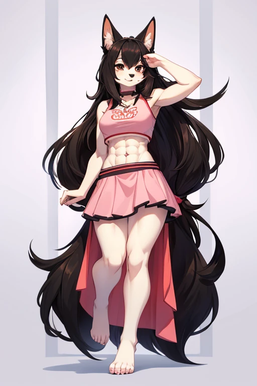 an anthropomorphic barefoot extremely ginger long-haired  female black fur with white cream dog with abs wearing a crop top pink dress, furry, furry style, anthro style, digital artwork 