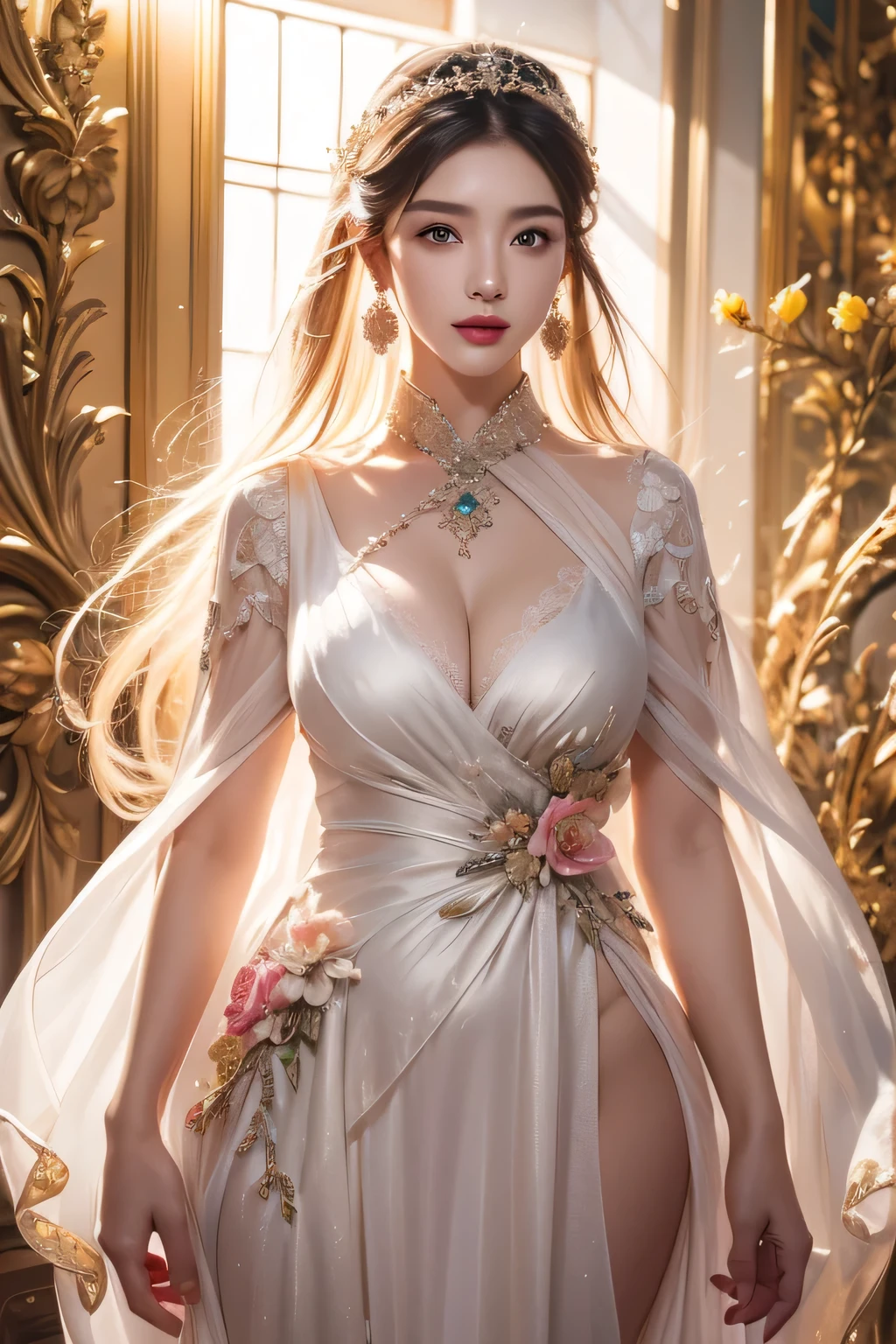 Female teacher standing in the classroom v6, necklace, earrings, full body v6, long white hair, translucent clothes, visible, superb, ultra-high-definition, RAW photo, realism: 1.25), (bright lip gloss, long eyelashes, smooth face, light skin, natural shadows, wide light, wide light, depth of field, strong colors, subtle caustics: 0.8), smile, (big tits), v6