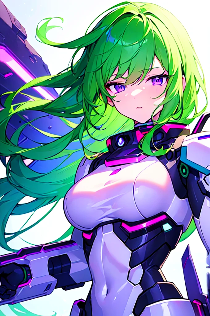 [(WHITE BACKGROUND:1.5),::5], ((((masterpiece)))), high quality, ultra very high resolution, full color, (((solo))), ((Mecha musume)), Mecha girl, ((Green hair)), (Purple eyes), anime, upper body, neon light, cyborg body, (Purple neon effect:1.2)