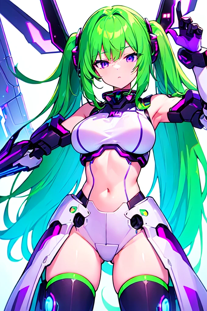[(WHITE BACKGROUND:1.5),::5], ((((masterpiece)))), high quality, ultra very high resolution, full color, (((solo))), ((Mecha musume)), Mecha girl, ((Green hair)), (Purple eyes), anime, upper body, neon light, cyborg body, (Purple neon effect:1.2)