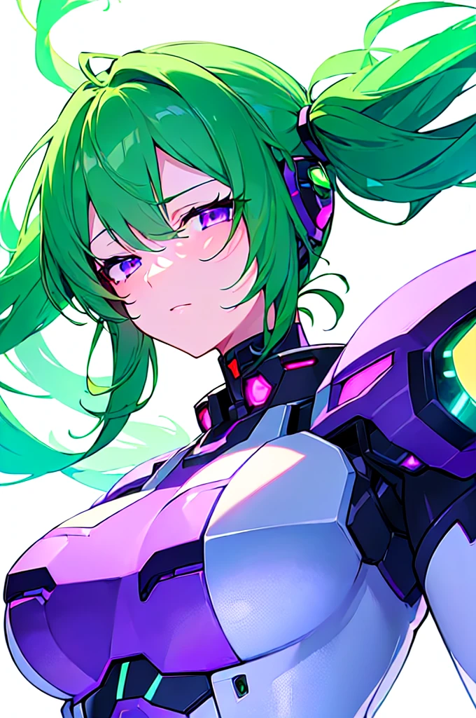 [(WHITE BACKGROUND:1.5),::5], ((((masterpiece)))), high quality, ultra very high resolution, full color, (((solo))), ((Mecha musume)), Mecha girl, ((Green hair)), (Purple eyes), anime, upper body, neon light, cyborg body, (Purple neon effect:1.2)