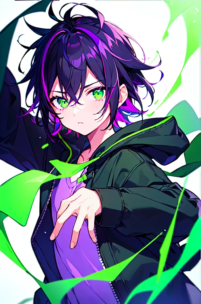 [(WHITE BACKGROUND:1.5),::5], ((((masterpiece)))), high quality, ultra very high resolution, full color, (((solo))), ((little boy)), black hair, ((purple streaked hair)), (green eyes), anime, ((upper body)), neon light, black parka, (green flame effect:1.2)