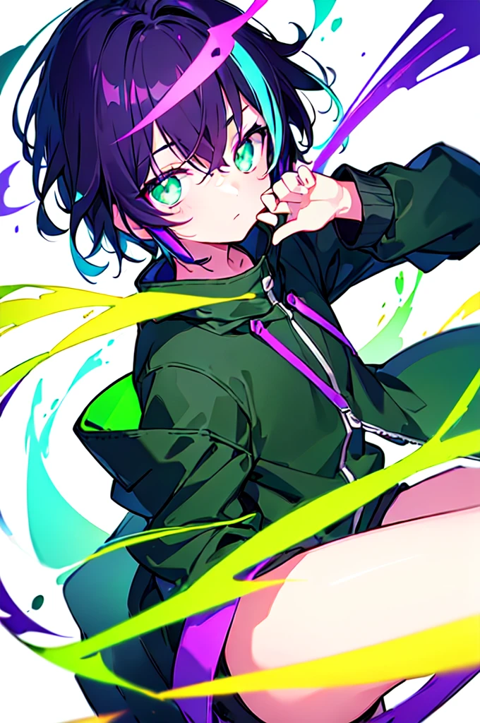 [(WHITE BACKGROUND:1.5),::5], ((((masterpiece)))), high quality, ultra very high resolution, full color, (((solo))), (()), black hair, ((purple streaked hair)), (green eyes), anime, ((upper body)), neon light, black parka, (green flame effect:1.2)