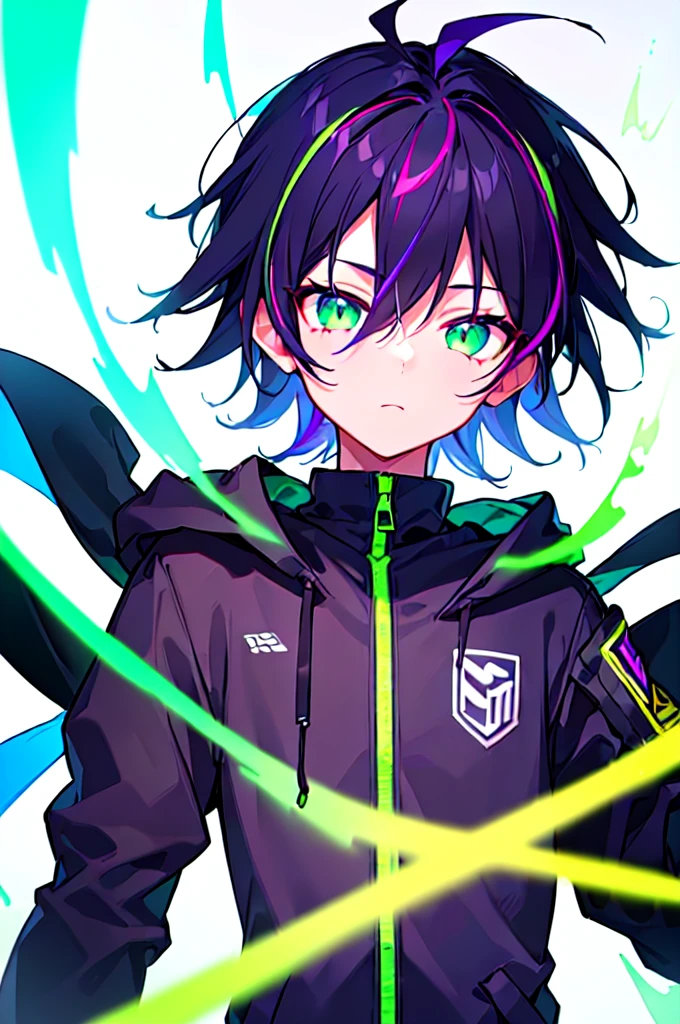 [(WHITE BACKGROUND:1.5),::5], ((((masterpiece)))), high quality, ultra very high resolution, full color, (((solo))), (()), black hair, ((purple streaked hair)), (green eyes), anime, ((upper body)), neon light, black parka, (green flame effect:1.2)