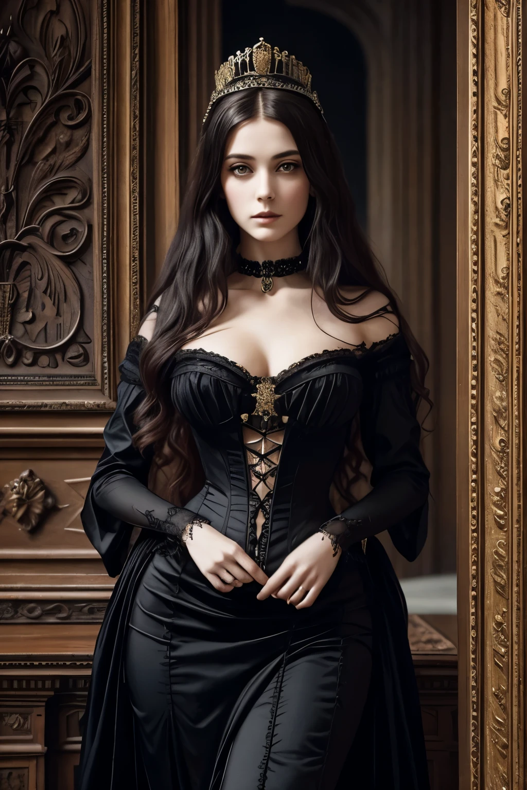 (fineart: 1.2), beautiful gothic queen, crown, Queen's Majesty, sexy goth girl, hole body, Pre-Raphaelite style, Victorian,