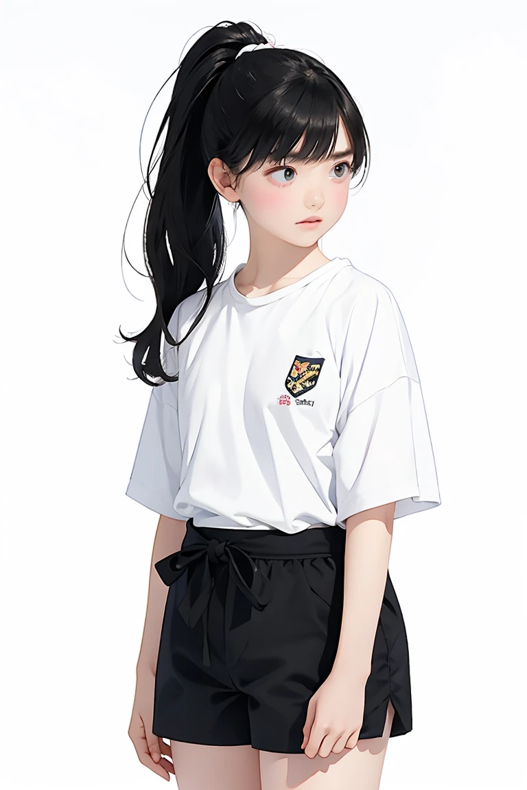 (Highest quality, High quality illustrations)、colorful、Watercolor、(masterpiece)、(Highest quality)、(Photorealistic)、(Real)、Very detailed、Japanese age girl idol、profile、Very detailed、1 Girl、Chubby body type、One Japanese Girl、whole body、Standing、Leaning against a wall、Looking into the distance、Stargazing、alone、Logo T-shirt Drop Shoulder Street、Plain wide leg belted shorts、White sneaker skin、Perfect Skin、Plump Cheeks、cute、Black Hair、Disheveled Hair、ponytail、black eye、sad、(white_background:1.5)、
