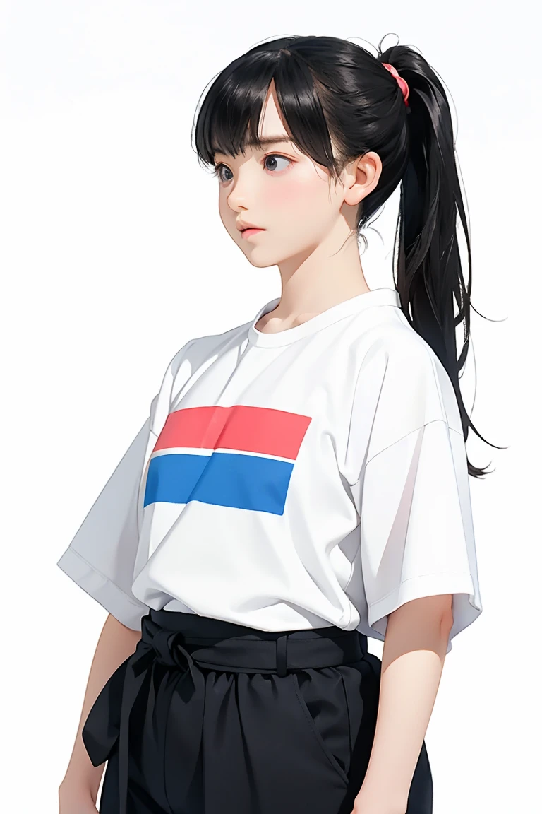 (Highest quality, High quality illustrations)、colorful、Watercolor、(masterpiece)、(Highest quality)、(Photorealistic)、(Real)、Very detailed、Japanese teenage girl idol、profile、Very detailed、1 Girl、Chubby body type、One Japanese Girl、whole body、Standing、Leaning against a wall、Looking into the distance、Stargazing、alone、Logo T-shirt Drop Shoulder Street、Plain wide leg belted shorts、White sneaker skin、Perfect Skin、Plump Cheeks、cute、Black Hair、Disheveled Hair、ponytail、black eye、sad、(white_background:1.5)、
