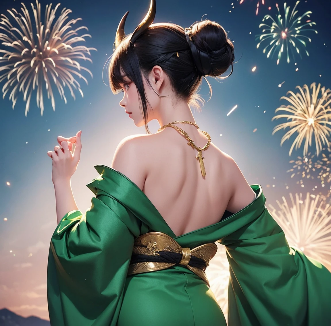 1 person、Green gorgeous kimono、,race,Black Hair、Short bun hair、hair ornaments、necklace、back、Golden devil horns、Anatomically correct,Fireworks in the night sky、