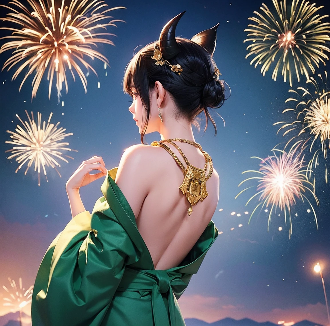 1 person、Green gorgeous kimono、,race,Black Hair、Short bun hair、hair ornaments、necklace、back、Golden devil horns、Anatomically correct,Fireworks in the night sky、