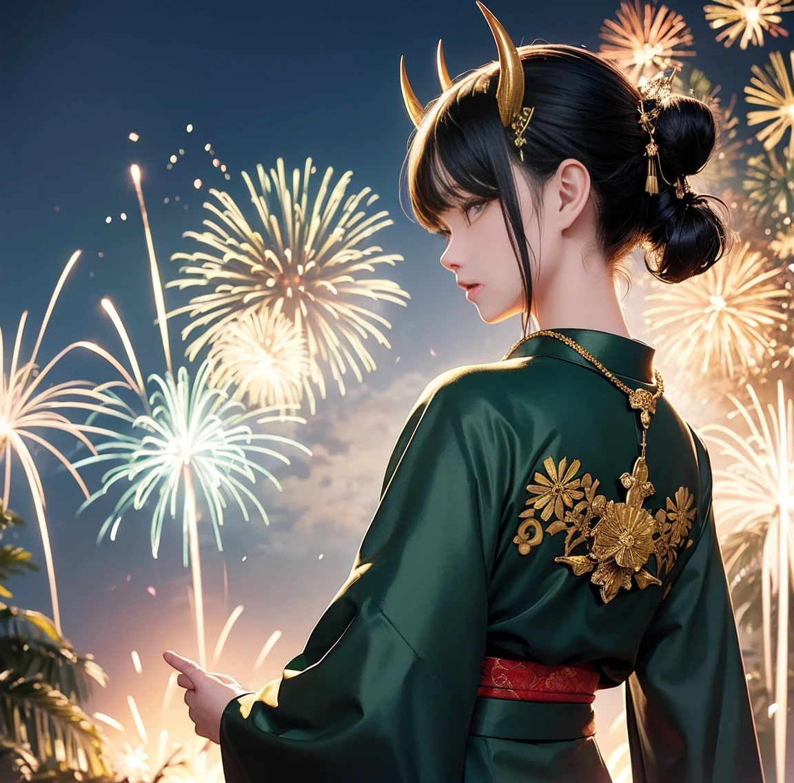 1 person、Green gorgeous kimono、,race,Black Hair、Short bun hair、hair ornaments、necklace、back、Golden devil horns、Anatomically correct,Fireworks in the night sky、