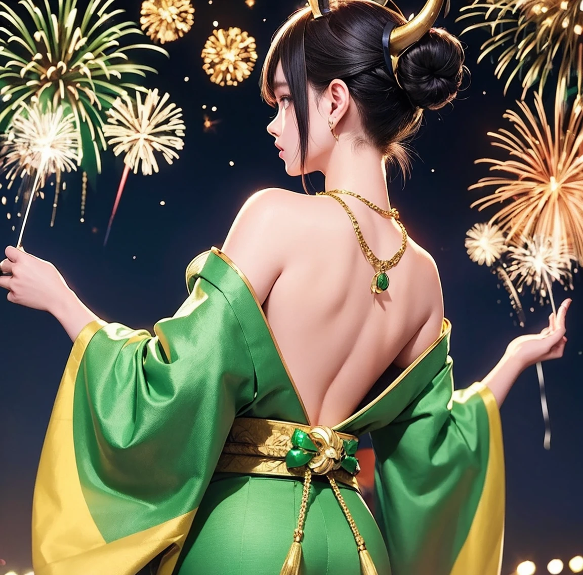 1 person、Green gorgeous kimono、,race,Black Hair、Short bun hair、hair ornaments、necklace、back、Golden devil horns、Anatomically correct,Fireworks in the night sky、