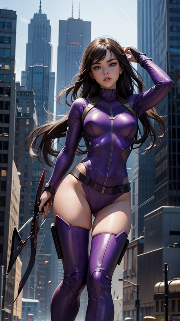 Kate Bishop, a young sexy woman with Hailee Steinfeld's face, skinny body, powerful, beautiful, marvel avenger, wearing a classic sexy superhero suit, holding a bow and arrows, fighting in a battle against an alien invasion in new york city with tall buildings and the avengers tower in the background, explosions and destruction all around, highly realistic, 4k, maximum detail, photorealistic
