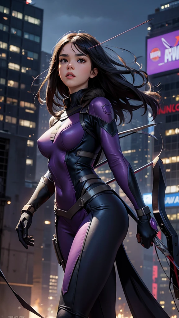 Kate Bishop, a young sexy woman with Hailee Steinfeld's face, skinny body, powerful, beautiful, marvel avenger, wearing a classic sexy superhero suit, holding a bow and arrows, fighting in a battle against an alien invasion in new york city with tall buildings and the avengers tower in the background, explosions and destruction all around, highly realistic, 4k, maximum detail, photorealistic