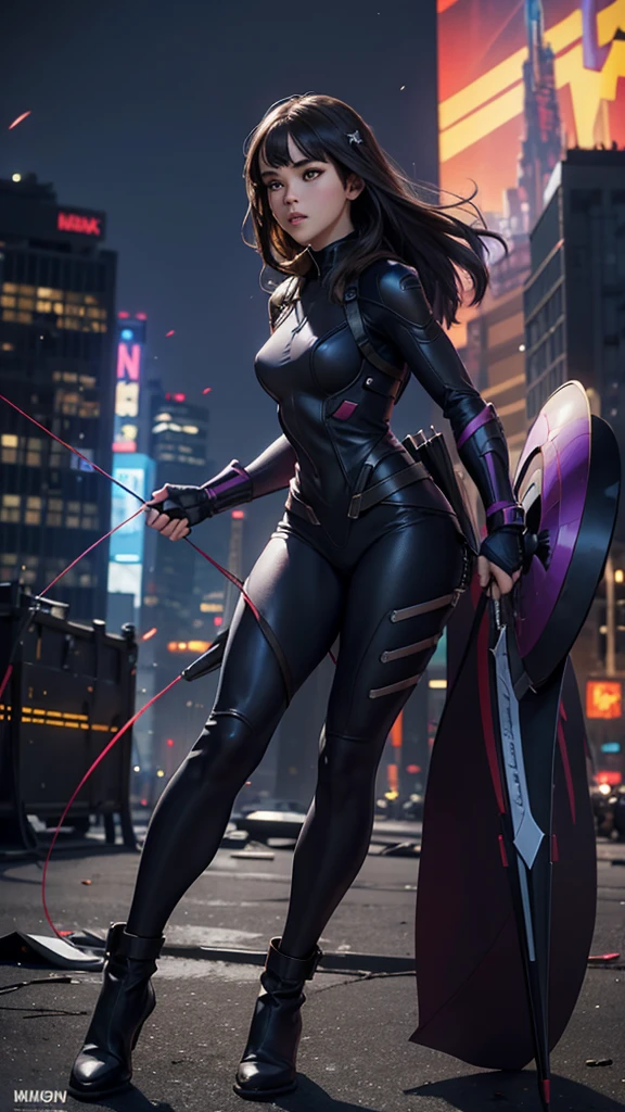 Kate Bishop, a young sexy woman with Hailee Steinfeld's face, skinny body, powerful, beautiful, marvel avenger, wearing a classic sexy superhero suit, holding a bow and arrows, fighting in a battle against an alien invasion in new york city with tall buildings and the avengers tower in the background, explosions and destruction all around, highly realistic, 4k, maximum detail, photorealistic