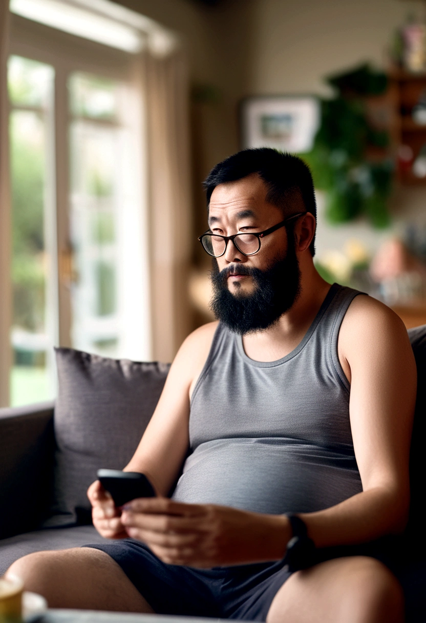 "A slightly overweight, middle-aged man with a full beard. He is wearing a gray tank top and black shorts, and has flip-flops on his feet. He is holding a smartphone and looking at it intently. The background is a typical family living room, featuring a couch, coffee table, and homey decorations like family photos.chinese man