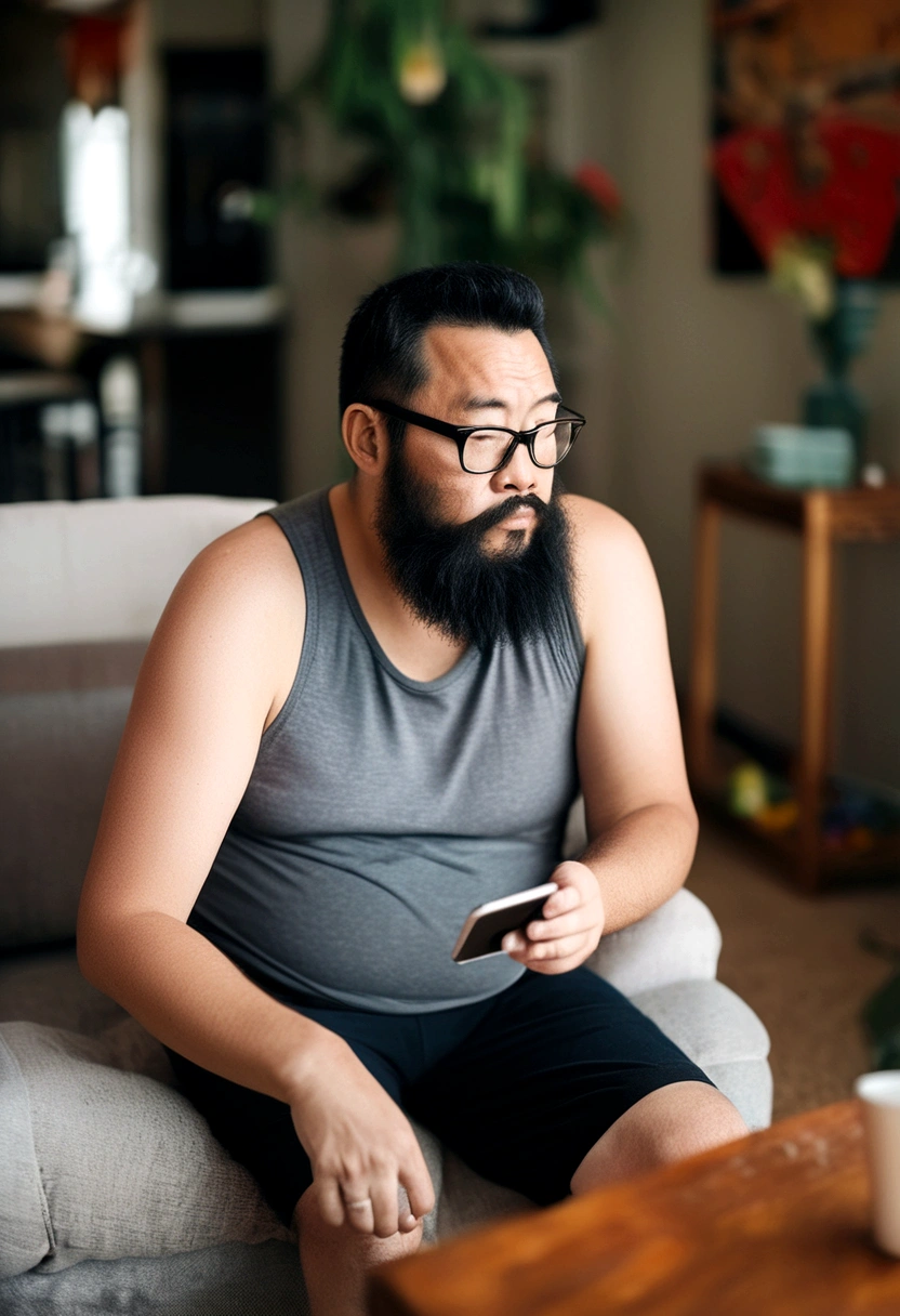 "A slightly overweight, middle-aged man with a full beard. He is wearing a gray tank top and black shorts, and has flip-flops on his feet. He is holding a smartphone and looking at it intently. The background is a typical family living room, featuring a couch, coffee table, and homey decorations like family photos.chinese man