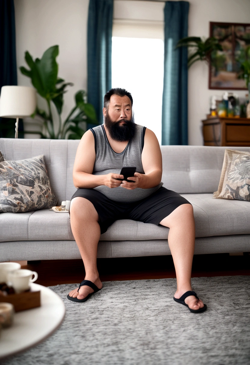 "A slightly overweight, middle-aged man with a full beard. He is wearing a gray tank top and black shorts, and has flip-flops on his feet. He is holding a smartphone and looking at it intently. The background is a typical family living room, featuring a couch, coffee table, and homey decorations like family photos.chinese man