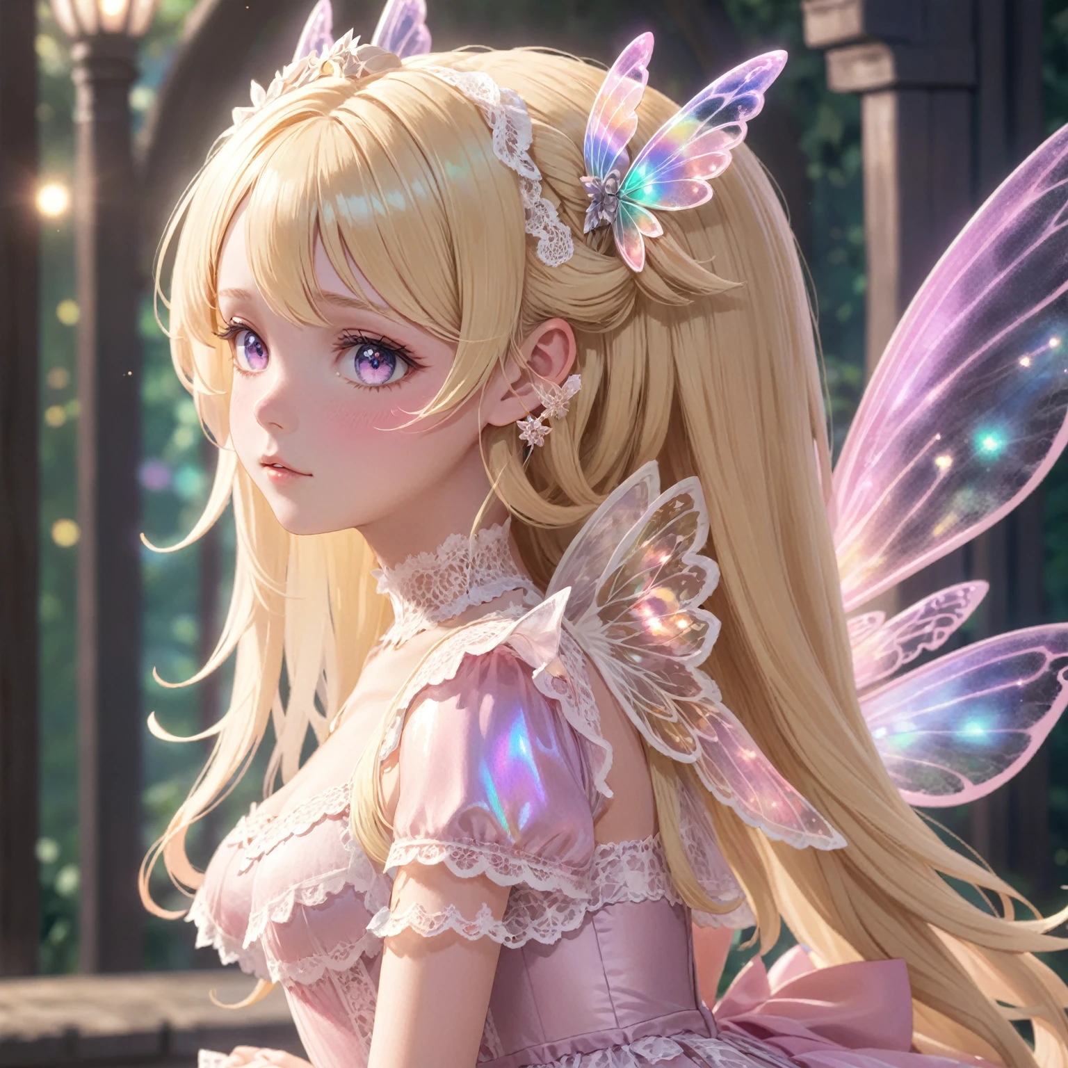 highres, best quality, girl, 1girl, fairy girl, iridescent fairy wings, blonde hair, blurry background, blush, partly up hair, depth of field, hair between eyes, long hair, looking at viewer, parted lips, profile, lace lolita dress, solo, upper body, pink tones, magic effects,