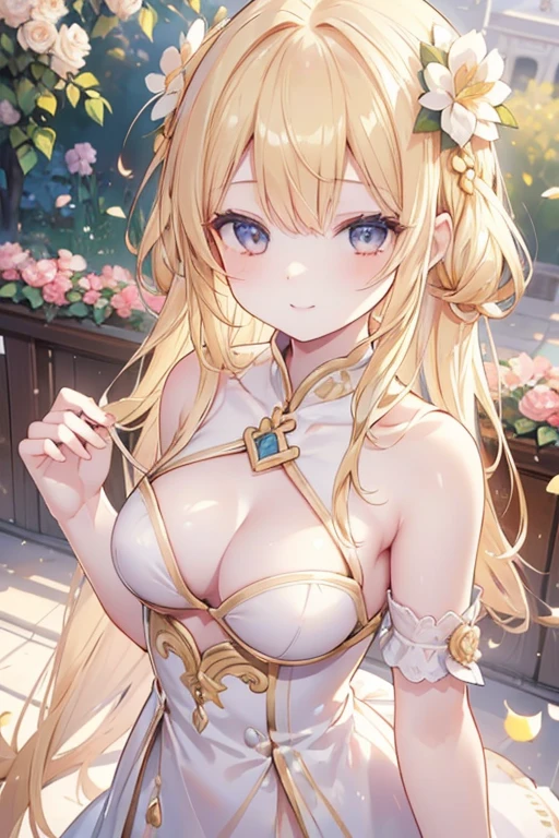 young girl, golden blonde hair, reddish gold eyes, beautiful and detailed eyes, wide happy smile, ideal chest, flower hair ornament, (in the temple flower garden)