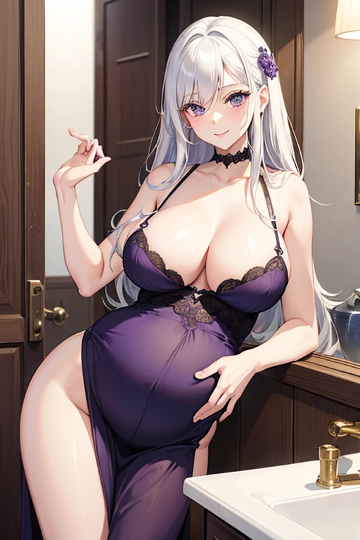 ((best quality)), ((Masterpiece)), (details), old maid, My hair started turning white...., purple eyes, Still beautiful, Youthful look, Age 60, big breasts, No dress on.., seductive pose, pregnant,bathroom, Have a smile,