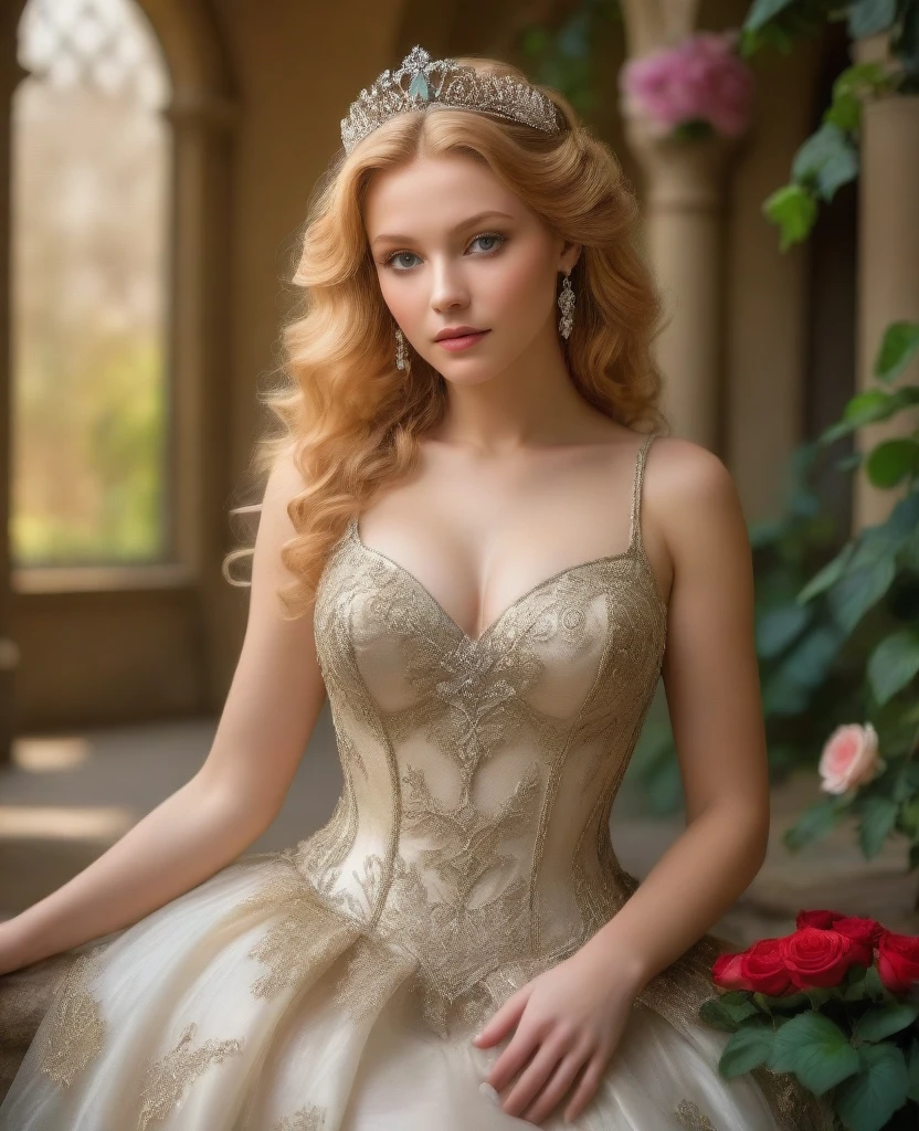 princess in blissful languor, beautiful detailed eyes, beautiful detailed lips, flowing gown, dreamy expression, golden hair cascading down, sparkling tiara, strawberry blonde curls, royal palace, soft sunlight filtering through stained glass windows, exquisite chandelier lighting, romantic atmosphere, vibrant colors, Mediterranean garden, fragrant flowers in full bloom, fountain with dancing water, whispering breeze, whimsical butterflies fluttering around, faint sound of birds chirping, lush greenery, ivy-covered trellis, endless rows of blooming roses, Prince Charming's irresistible presence, anticipating love and happiness. beautiful shiny smooth, high quality, best quality, absurdres, masterpiece, beautiful, intricate details, 1/2 body crop, slim body, beautiful figure, magnificent anatomy, (intricate details:1.12), HDR, (intricate details, hyper-detailing:1.15), (natural skin textures, hyper realisitc, soft light, Sharp:1.2)