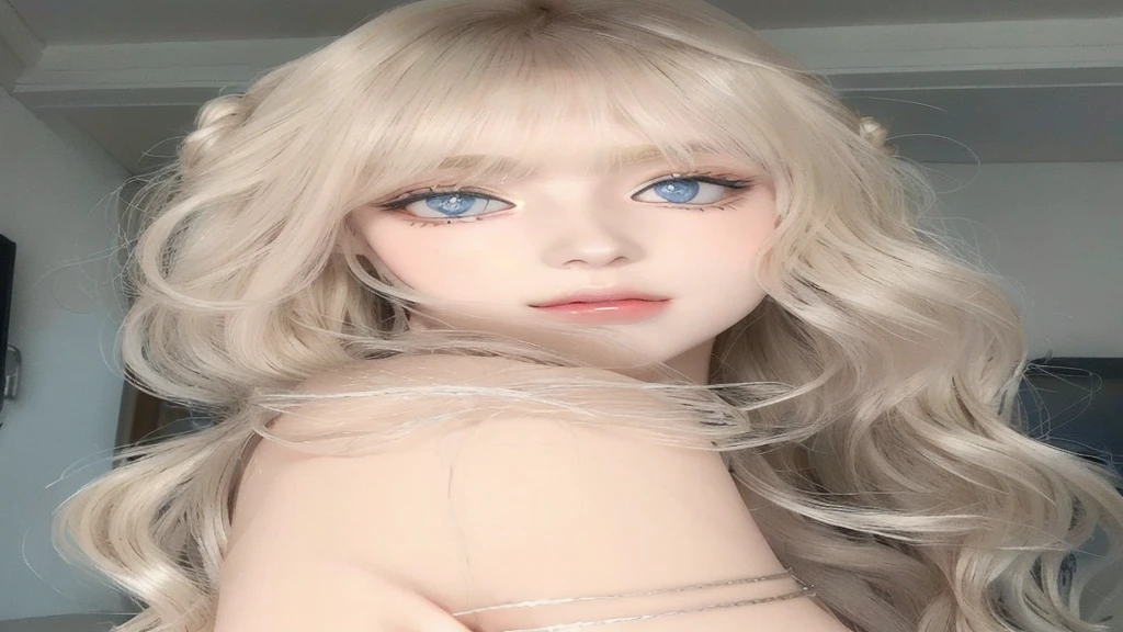blond doll with blue eyes and long hair with a silver bracelet, long blonde hair and big eyes, long blonde hair and large eyes, blonde hair and large eyes, ulzzang, white hime cut hairstyle, ash blond greyish hair, ball jointed doll, long white hair and bangs, pale skin curly blond hair, sakimichan, winter aespa