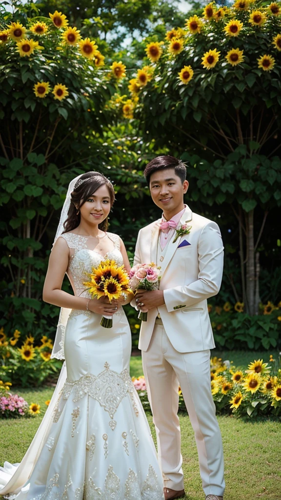 Realistic of filipino couple wedding and wearing a wedding costume the background is garden and many sunflower and pink roses.
