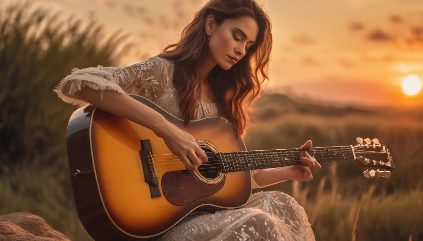 ((best quality)), ((masterpiece)),(detail), perfect face, full body shot of a beautiful woman playing guitar, Clear face, clear guitar, romantic style, retro vintage and romanticism, beautiful sunset nature in background, hyper-realistic photos, 8k, ultra high resolution,sharp faces