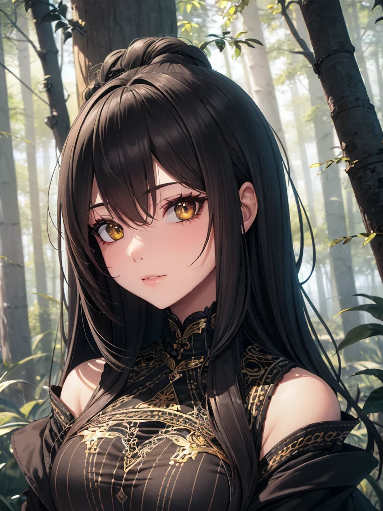 Dark Fantasy, Gloomy forest, Attractive young girl, The Forest Witch, golden eyes, Black Eye Makeup, dark shabby clothes, Celtic patterns on the body, Beautiful face
sultry look, seductive