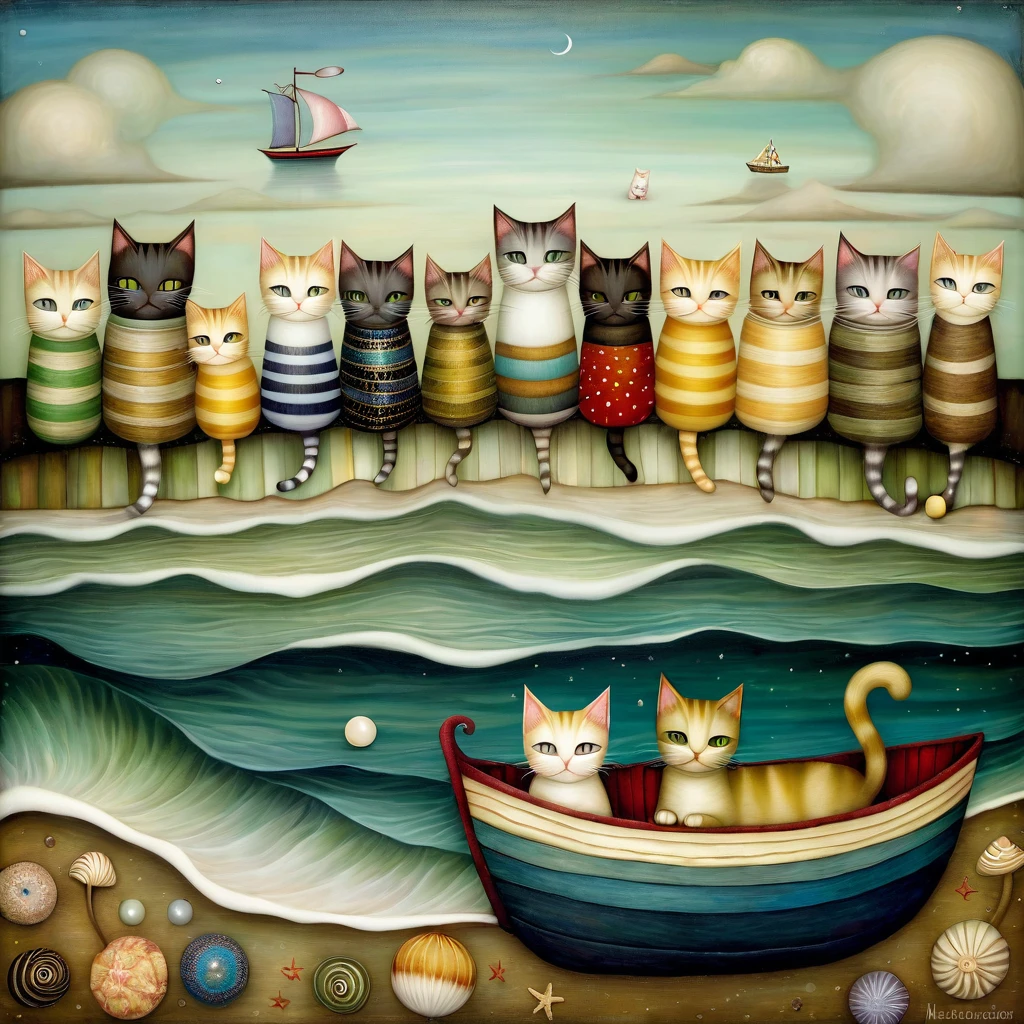 a beautiful patchwork of Some cats I sleep on an overturned boat. Seascape with beach. Angle view.   style Klimt, Nicoletta Ceccoli, Naoto Hattori, Lawrence Didier, Leonora Carrington